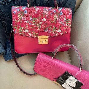 IMAN satchel NWT exchangeable flap Gold chain hardware Magenta multi